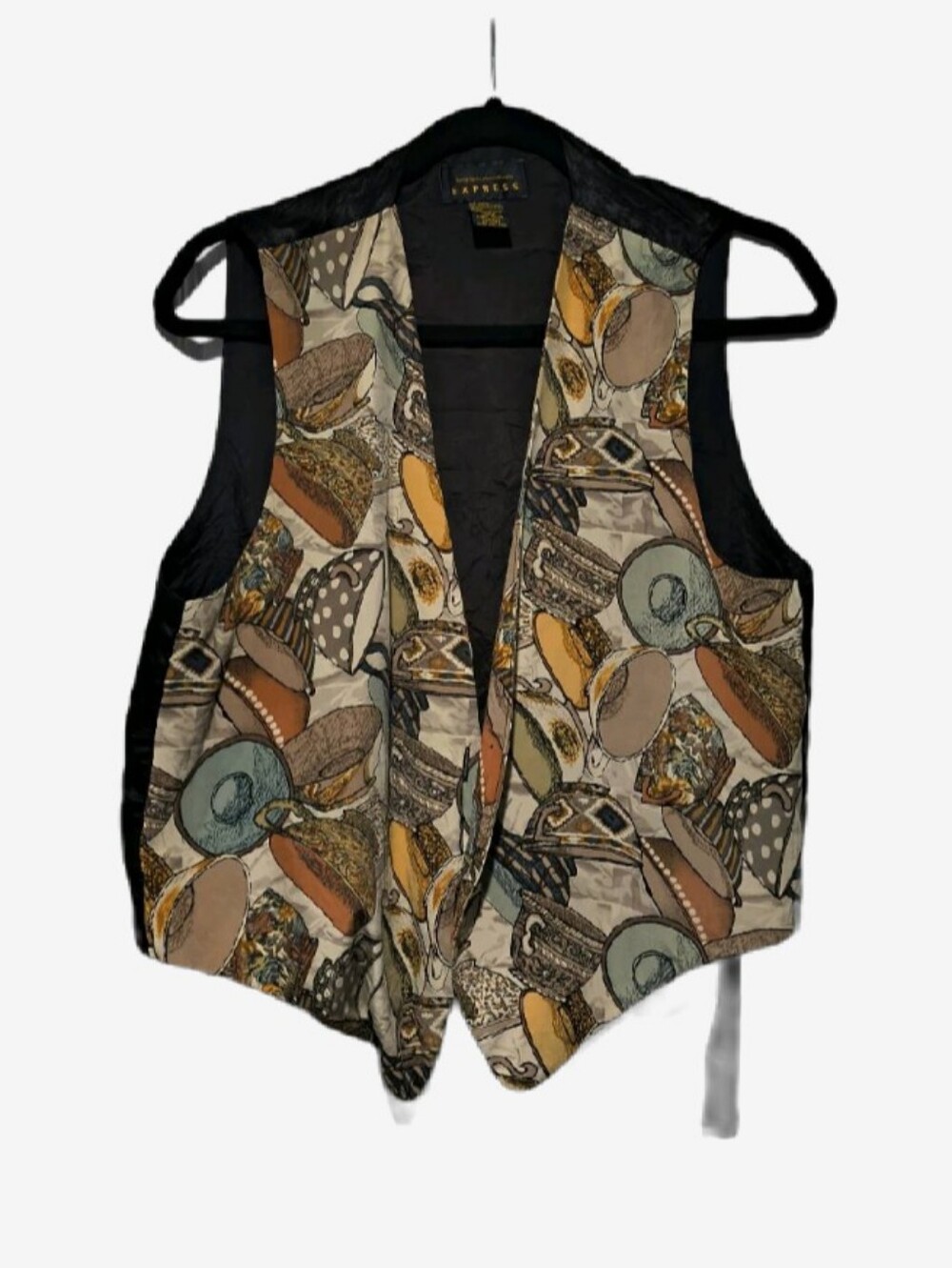 Vintage 90s Express Silk Teacup Novelty Print Vest Teapot Buttons OS
